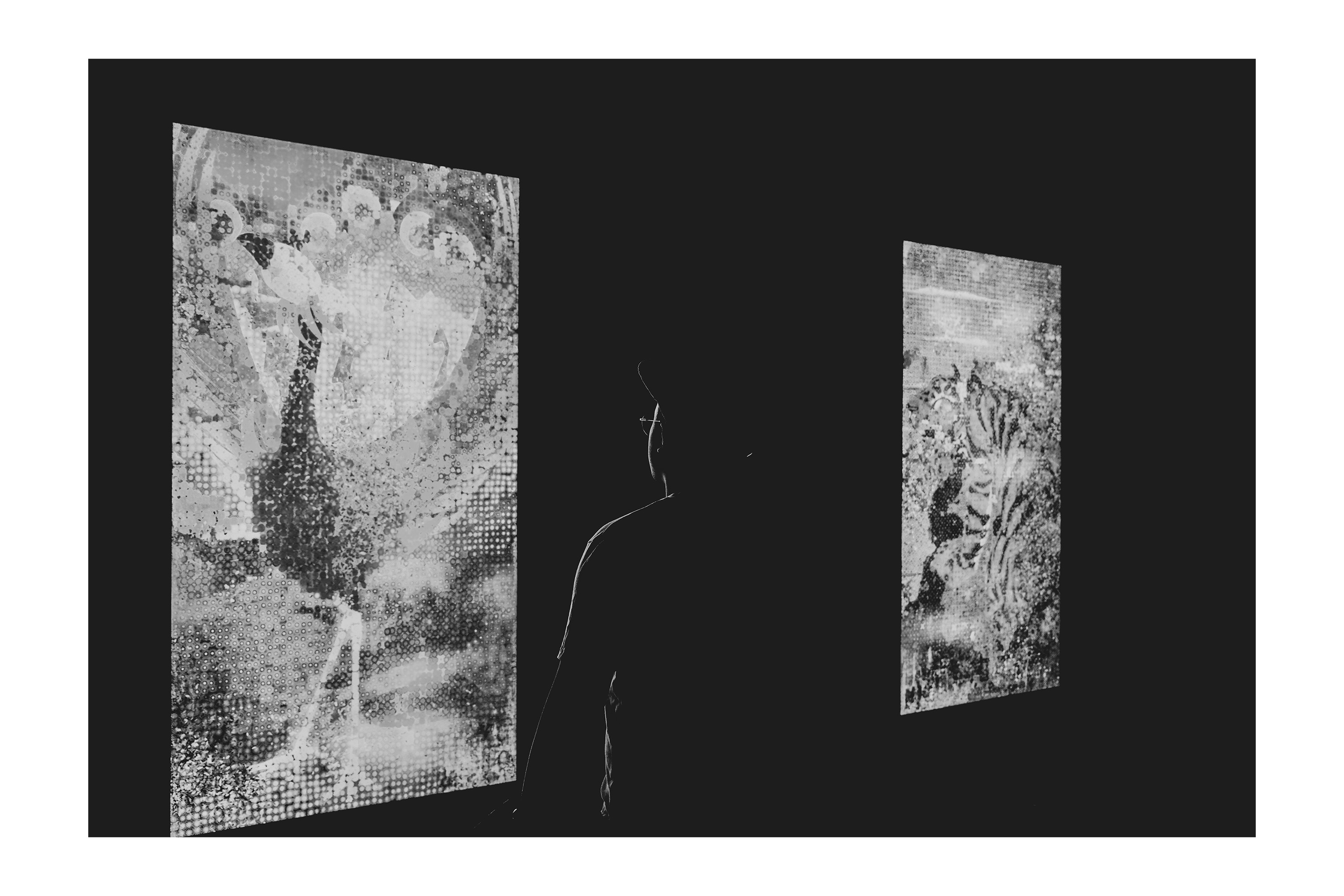 man viewing digital art displays